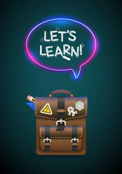 School Backpack Dark Green Background Lets Learn Chalk Lettering Neon — 스톡 벡터