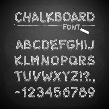 Hand Drawn Chalkboard Alphabet on Blackboard Background. Cartoon Style. Clipping paths and chalk Graphic Style included.
