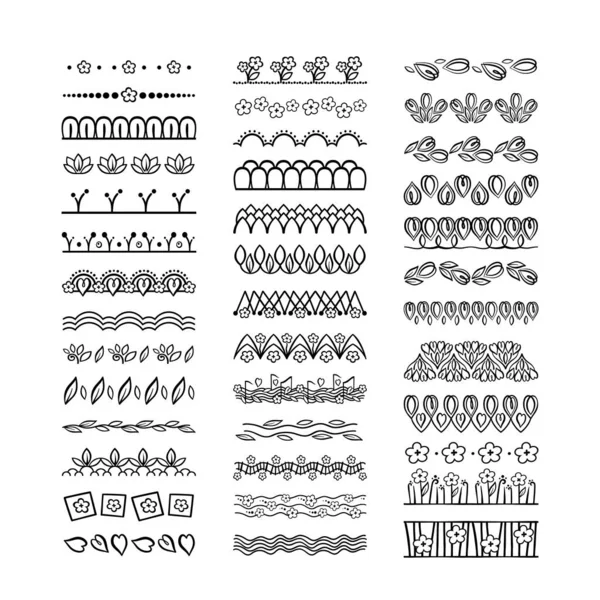 Simple Vector Line Art Flower Pattern Brushes Collection Corners Floral — Archivo Imágenes Vectoriales