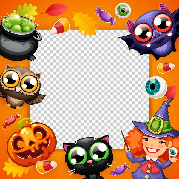 Happy Halloween Square Frame Kids Orange Backdrop Transparency Monsters Candies lizenzfreie Stockvektoren