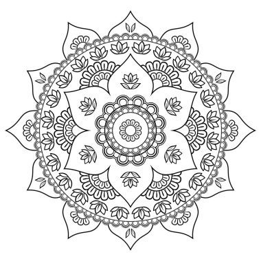 Lotus süslemeli Mandala. Arapça, Hint, Fas, İspanya, Türkçe, İslami, Çin tasarım unsurları. Vektör dairesel oryantal desen. Boyama kitabı sayfası. Beyaz arkaplanda izole.