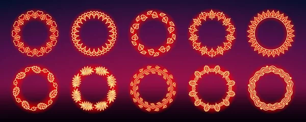 Okrągły Kwiatowy Dekoracyjny Rama Czerwony Neon Jesienna Kolekcja Zestaw Różnych — Wektor stockowy