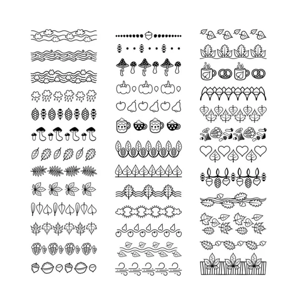 Simple Vector Line Art Autumn Pattern Brushes Collection Corners Floral — Stock Vector