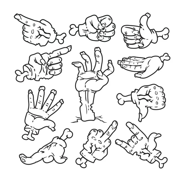 Cartoon Zombie Hands Collection Esquema Negro Sobre Fondo Blanco Las — Vector de stock