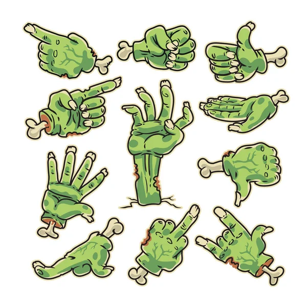 Tecknad Zombie Hands Collection Färgglada Isolerad Vit Bakgrund Läskig Vektor — Stock vektor