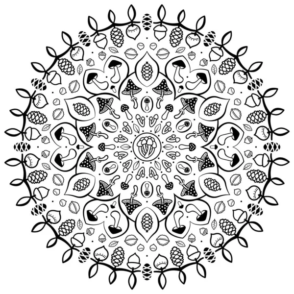 Mandala Con Setas Adornos Frutos Secos Elementos Diseño Árabe Indio — Vector de stock