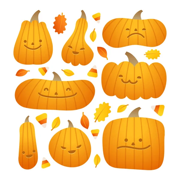 Halloween Pumpkins Lanterns Set Ilustrasi Berwarna Dengan Gaya Kartun Untuk - Stok Vektor