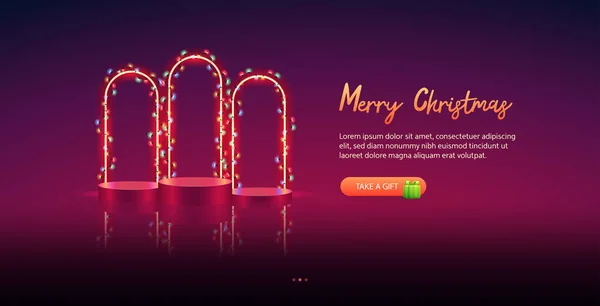Veselé Vánoce Podiums Zářícími Oblouky Rozmazaném Červeném Pozadí Vektorová Webová — Stockový vektor
