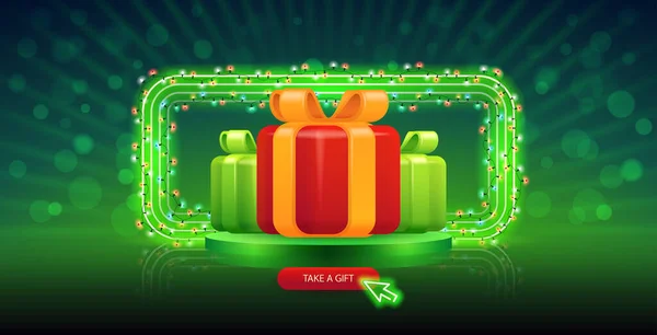 Vánoční Dárky Zeleným Neonem Obdélníkový Rám Rozmazaném Pozadí Vektorový Klip — Stockový vektor