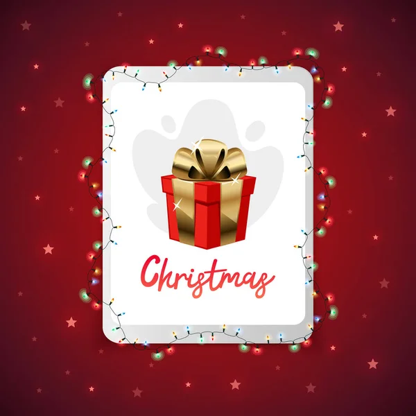 Vánoční Tableta Zářivými Světly Červeném Pozadí Šťastný Nový Rok Online — Stockový vektor