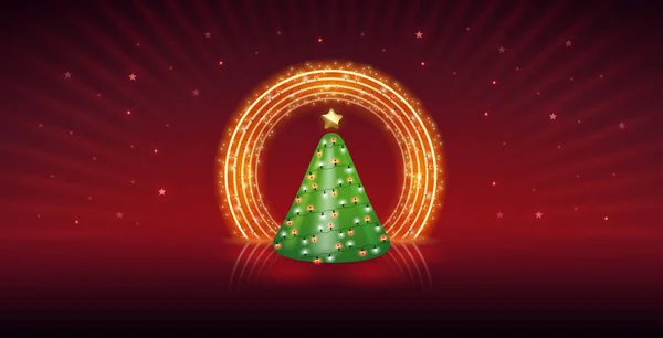Koyu Kırmızı Arka Planda Yuvarlak Işıklı Noel Ağacı Çerçevesi Tatil — Stok Vektör