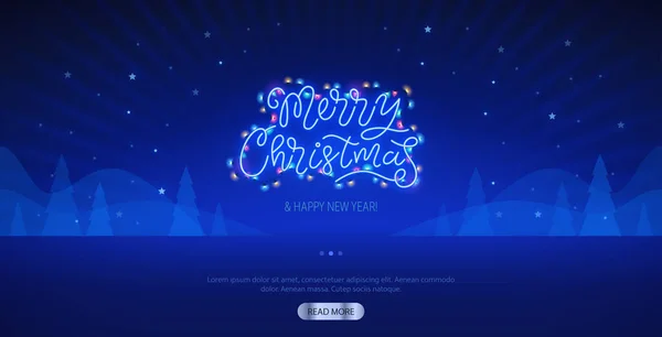 Feliz Navidad Neon Lettering Website Template Sobre Fondo Azul Oscuro — Vector de stock