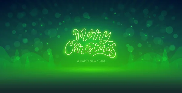 Feliz Navidad Letras Verde Neón Sobre Fondo Borroso Vector Clip — Vector de stock