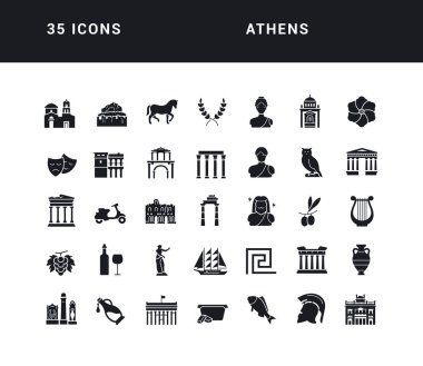 Atina. Web tasarımı, uygulama ve en modern projeler için son derece basit monokrom simgelerinin toplanması. Kategori Ülkeleri ve Şehirler için evrensel klasik işaretler paketi.