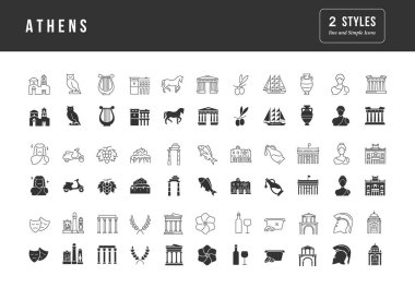 Atina. Web tasarımı, uygulama ve en modern projeler için son derece basit monokrom simgelerinin toplanması. Kategori Ülkeleri ve Şehirler için evrensel klasik işaretler paketi.