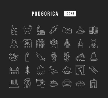 Podgorica 'da. Web tasarımı, uygulama ve en modern projeler için son derece ince simgelerin toplanması. Kategori Ülkeleri ve Şehirler için işaret kiti.