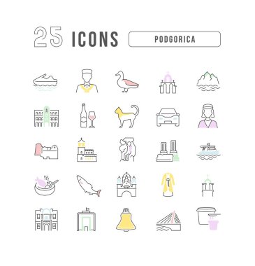Podgorica 'da. Web tasarımı, uygulama ve en modern projeler için son derece ince simgelerin toplanması. Kategori Ülkeleri ve Şehirler için işaret kiti.