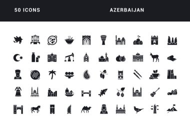 Azerbaycan. Web tasarımı, uygulama ve en modern projeler için son derece basit monokrom simgelerinin toplanması. Kategori Ülkeleri ve Şehirler için evrensel klasik işaretler paketi.