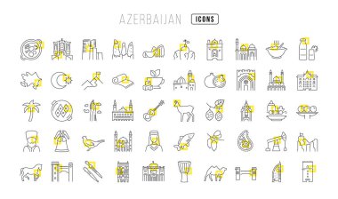 Azerbaycan. Web tasarımı, uygulama ve en modern projeler için son derece ince simgelerin toplanması. Kategori Ülkeleri ve Şehirler için işaret kiti.