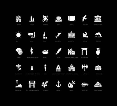 Korfu. Web tasarımı, uygulama ve en modern projeler için son derece basit monokrom simgelerinin toplanması. Kategori Şehirler ve Ülkeler için evrensel klasik işaretler paketi.