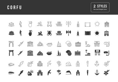 Korfu. Web tasarımı, uygulama ve en modern projeler için son derece basit monokrom simgelerinin toplanması. Kategori Şehirler ve Ülkeler için evrensel klasik işaretler paketi.
