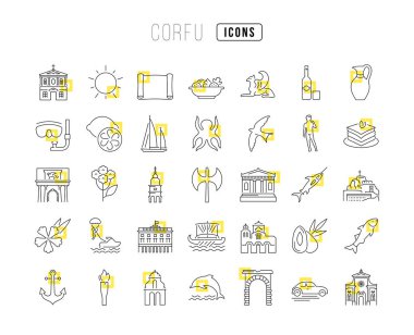 Korfu. Web tasarımı, uygulama ve en modern projeler için son derece ince simgelerin toplanması. Kategori Ülkeleri ve Şehirler için işaret kiti.