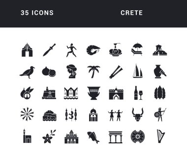 Girit. Web tasarımı, uygulama ve en modern projeler için son derece basit monokrom simgelerinin toplanması. Kategori Ülkeleri ve Şehirler için evrensel klasik işaretler paketi.