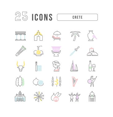 Girit. Web tasarımı, uygulama ve en modern projeler için son derece ince simgelerin toplanması. Kategori Ülkeleri ve Şehirler için işaret kiti.