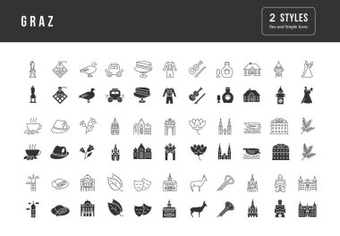 Graz. Web tasarımı, uygulama ve en modern projeler için son derece basit monokrom simgelerinin toplanması. Kategori Şehirler ve Ülkeler için evrensel klasik işaretler paketi.