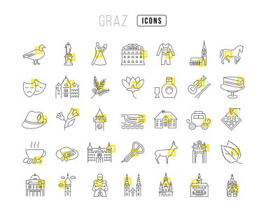 Graz. Web tasarımı, uygulama ve en modern projeler için son derece ince simgelerin toplanması. Kategori Ülkeleri ve Şehirler için işaret kiti.