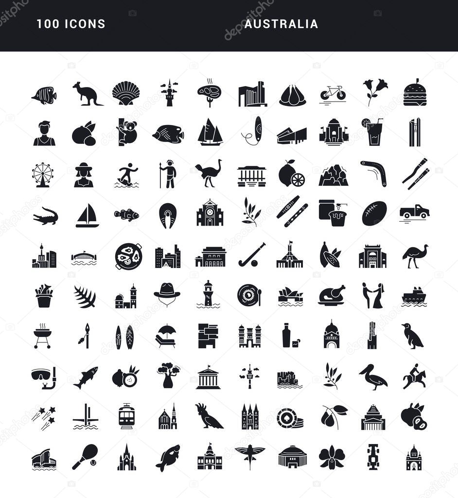 Australia. Collection of perfectly simple monochrome icons for web design, app, and the most modern projects. Universal pack of classical signs for category Countries and Cities.