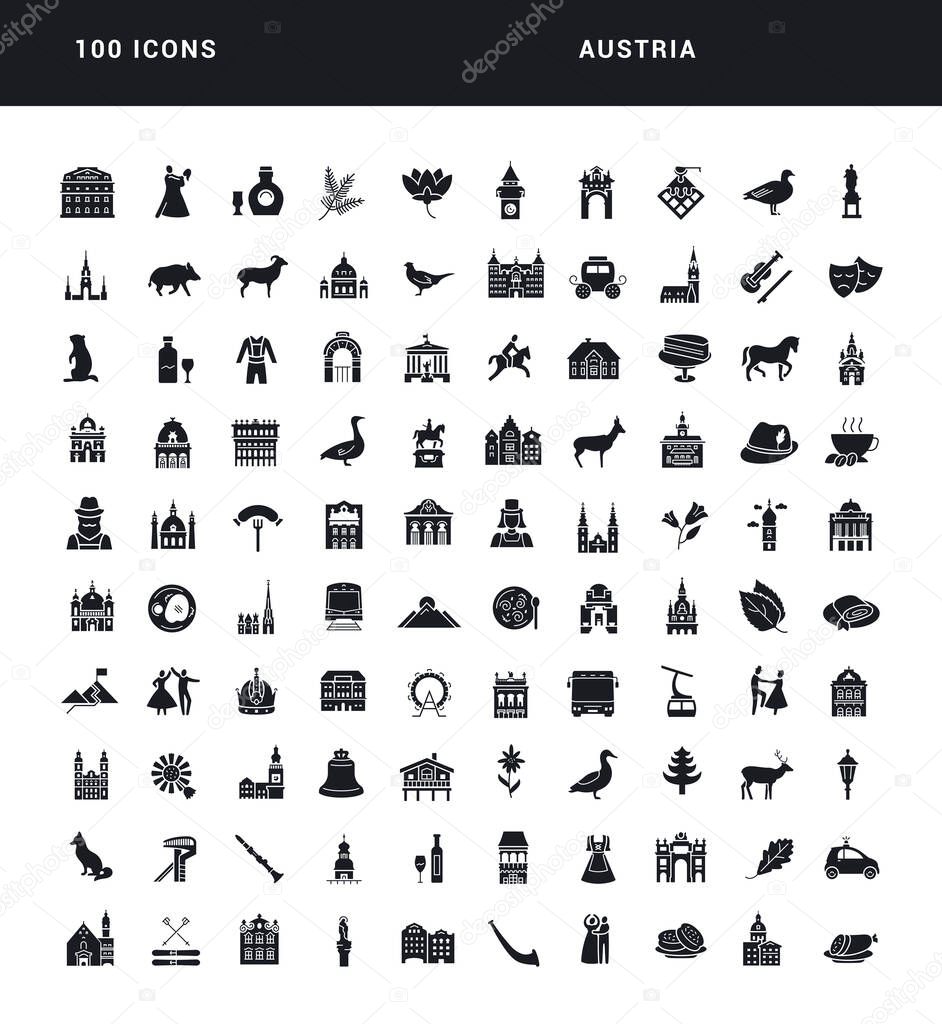 Austria. Collection of perfectly simple monochrome icons for web design, app, and the most modern projects. Universal pack of classical signs for category Cities and Countries.