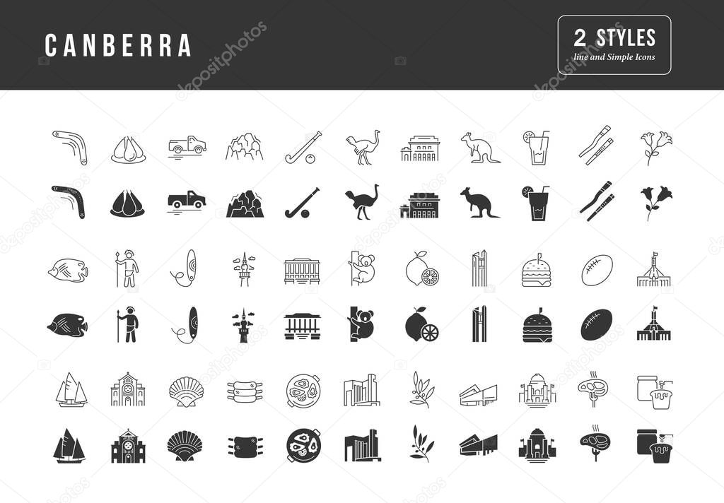 Canberra. Collection of perfectly simple monochrome icons for web design, app, and the most modern projects. Universal pack of classical signs for category Countries and Cities.