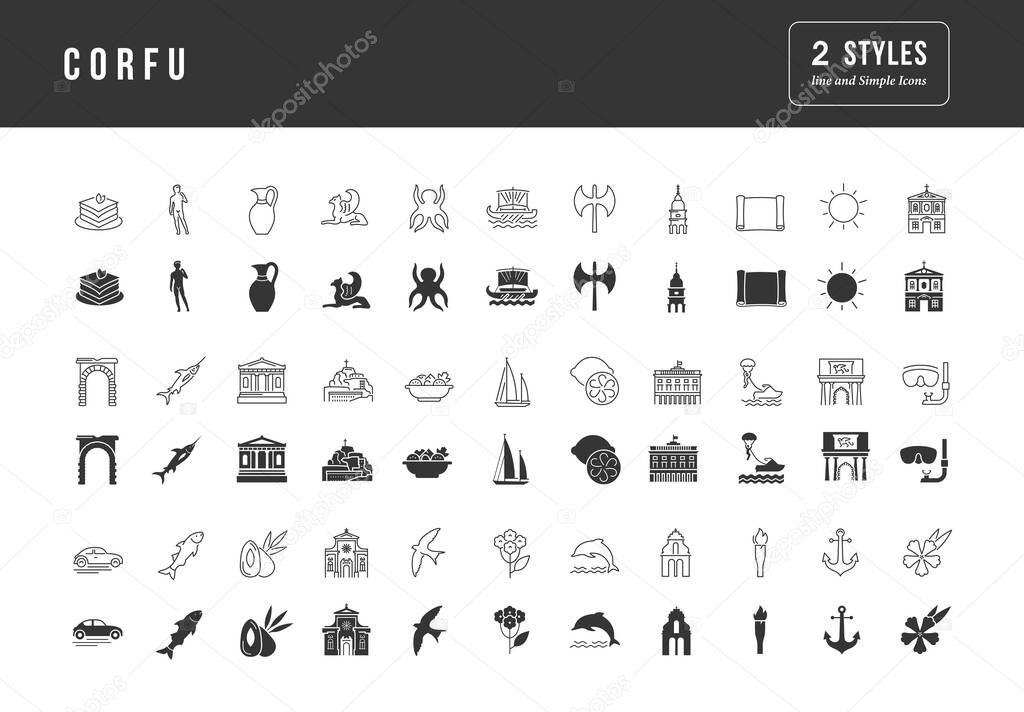 Corfu. Collection of perfectly simple monochrome icons for web design, app, and the most modern projects. Universal pack of classical signs for category Cities and Countries.