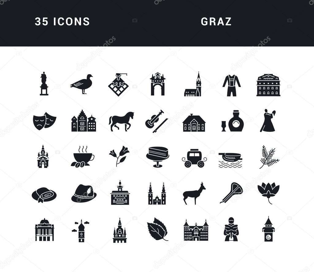 Graz. Collection of perfectly simple monochrome icons for web design, app, and the most modern projects. Universal pack of classical signs for category Cities and Countries.