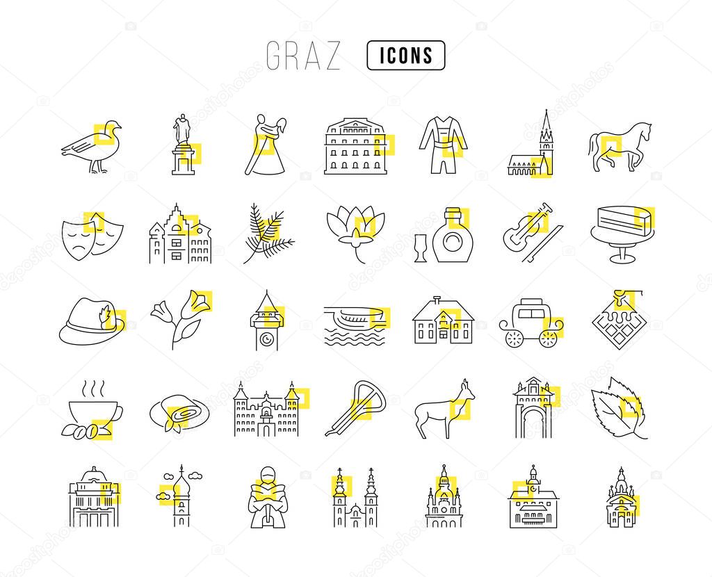 Graz. Collection of perfectly thin icons for web design, app, and the most modern projects. The kit of signs for category Countries and Cities.
