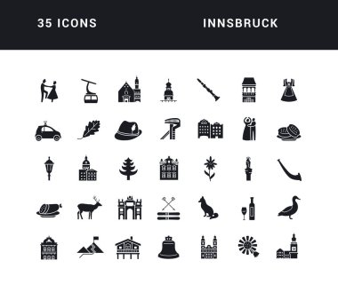 Innsbruck 'da. Web tasarımı, uygulama ve en modern projeler için son derece basit monokrom simgelerinin toplanması. Kategori Şehirler ve Ülkeler için evrensel klasik işaretler paketi.