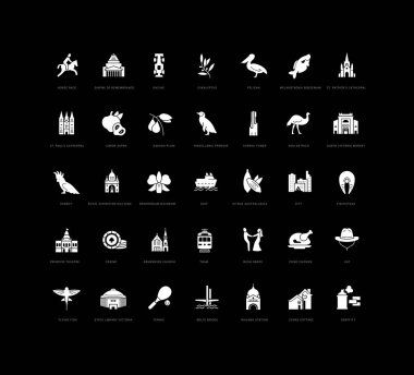 Melbourne. Web tasarımı, uygulama ve en modern projeler için son derece basit monokrom simgelerinin toplanması. Kategori Ülkeleri ve Şehirler için evrensel klasik işaretler paketi.