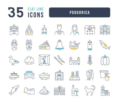 Podgorica 'da. Web tasarımı, uygulama ve en modern projeler için son derece ince simgelerin toplanması. Kategori Ülkeleri ve Şehirler için işaret kiti.