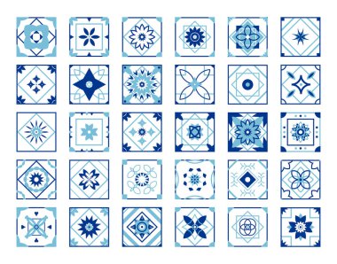 Geometrik süslemeli kare koleksiyonu. Mavi kiremitler.