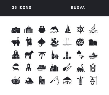 Budva. Web tasarımı, uygulama ve en modern projeler için son derece basit monokrom simgelerinin toplanması. Kategori Ülkeleri ve Şehirler için evrensel klasik işaretler paketi.