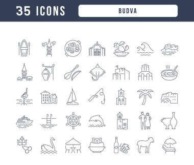 Budva. Web tasarımı, uygulama ve en modern projeler için son derece ince simgelerin toplanması. Kategori Ülkeleri ve Şehirler için işaret kiti.