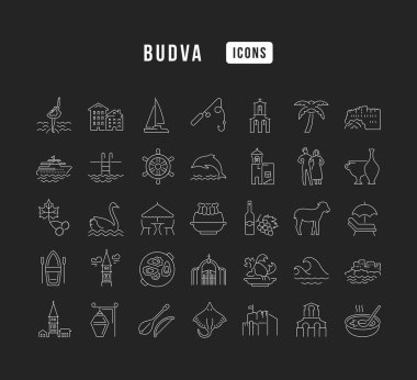 Budva. Web tasarımı, uygulama ve en modern projeler için son derece ince simgelerin toplanması. Kategori Ülkeleri ve Şehirler için işaret kiti.