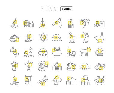 Budva. Web tasarımı, uygulama ve en modern projeler için son derece ince simgelerin toplanması. Kategori Ülkeleri ve Şehirler için işaret kiti.