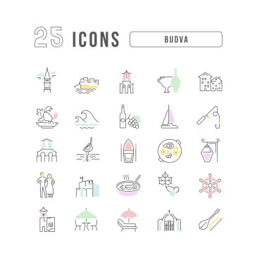 Budva. Web tasarımı, uygulama ve en modern projeler için son derece ince simgelerin toplanması. Kategori Ülkeleri ve Şehirler için işaret kiti.