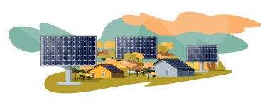 Güneş enerjisi üretim endüstrisiyle detaylı illüstrasyon. Kırsal kesimdeki güneş panelleri.