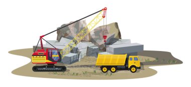 Granit taş madenciliğiyle detaylı illüstrasyon. Ağır endüstriyel makineler.