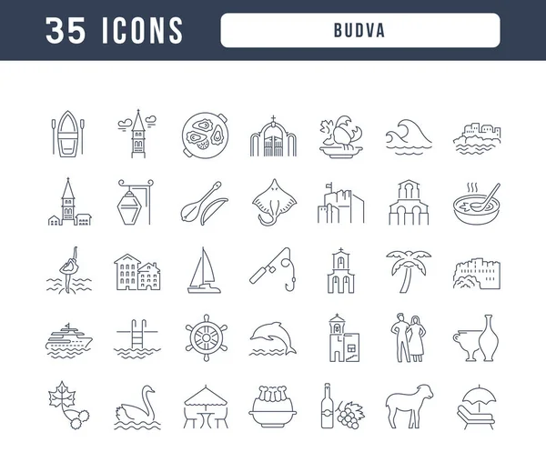 Budva 为网页设计 应用和最现代的项目收集了非常薄的图标 类别国家和城市的标志袋 — 图库矢量图片