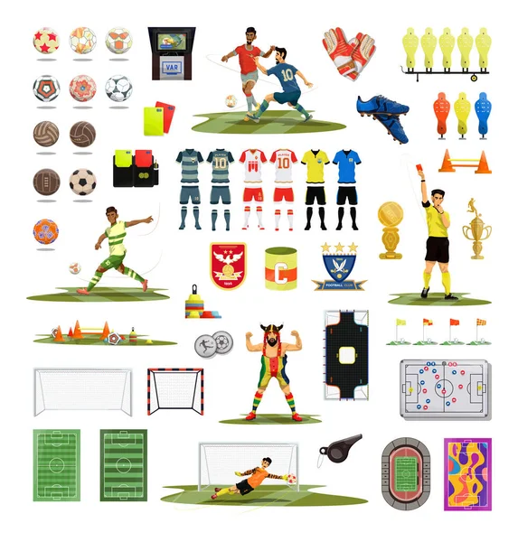 Collection Illustrations Détaillées Colorées Avec Des Joueurs Football Des Attributs — Image vectorielle
