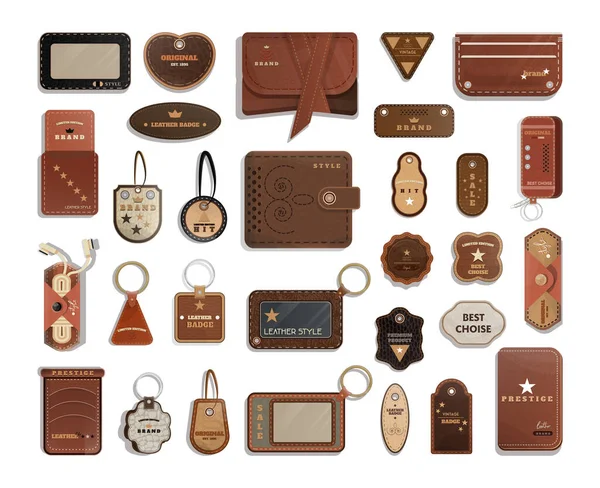 Une Collection Insignes Accessoires Cuir Dans Style Réaliste Détaillé Maroquinerie — Image vectorielle